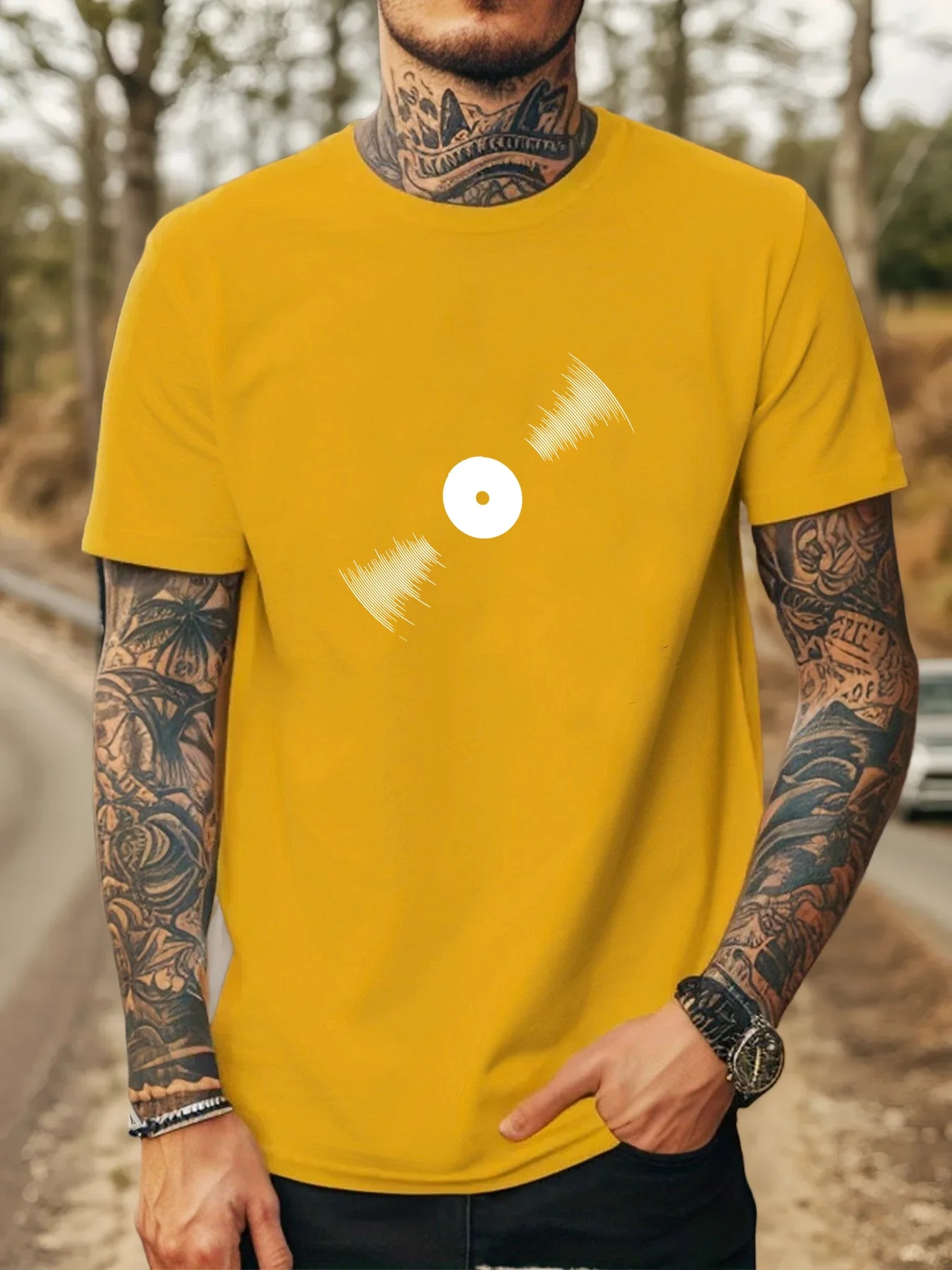 Men's summer 100% pure cotton fashionable retro vinyl record pattern casual loose round neck short sleeved T-shirt versatile top