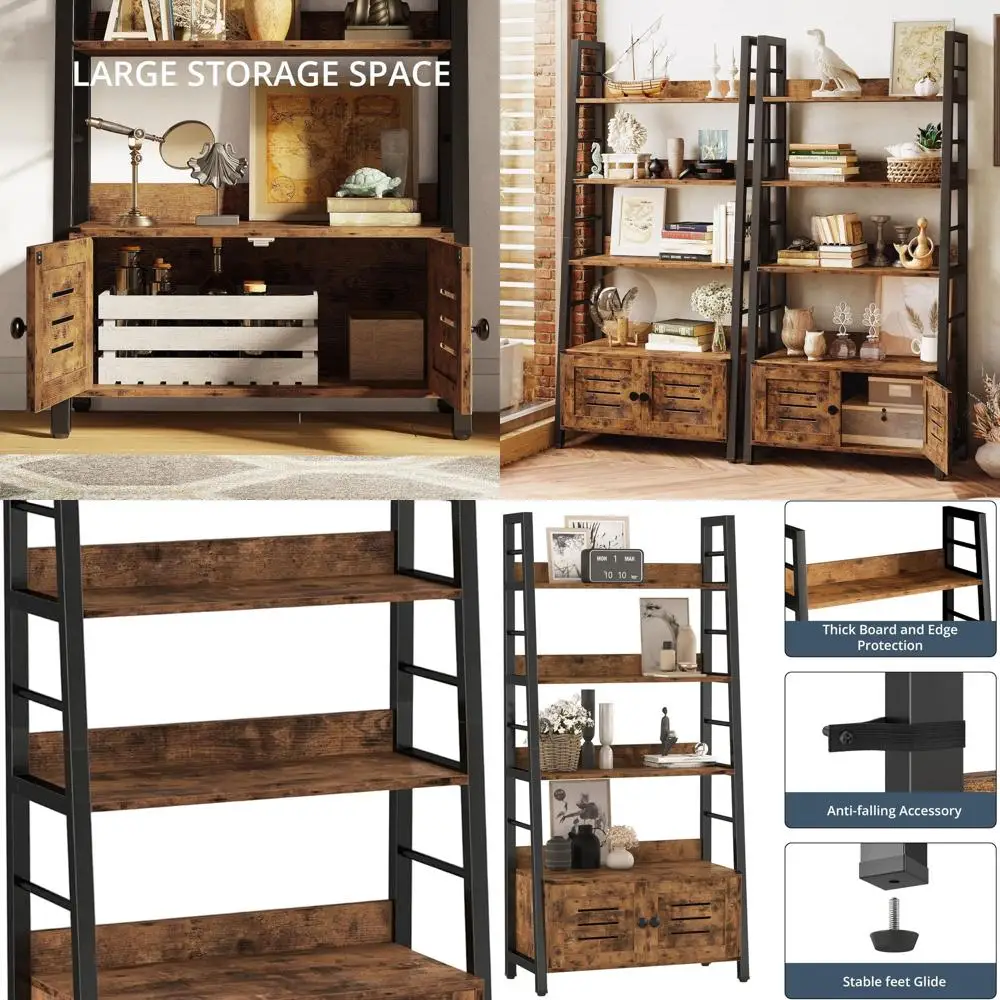 

Bookshelf with Louvered Doors, 3-Tier Ladder Shelf with Cabinet Industrial Accent Furniture for Bedroom Living Room Home Office,