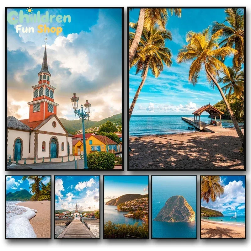 Modern Blue Sky Ocean Beachside Island Martinique Life Poster Diamond Painting Fantasy Landscape Wall Art Room Home Decor,No F