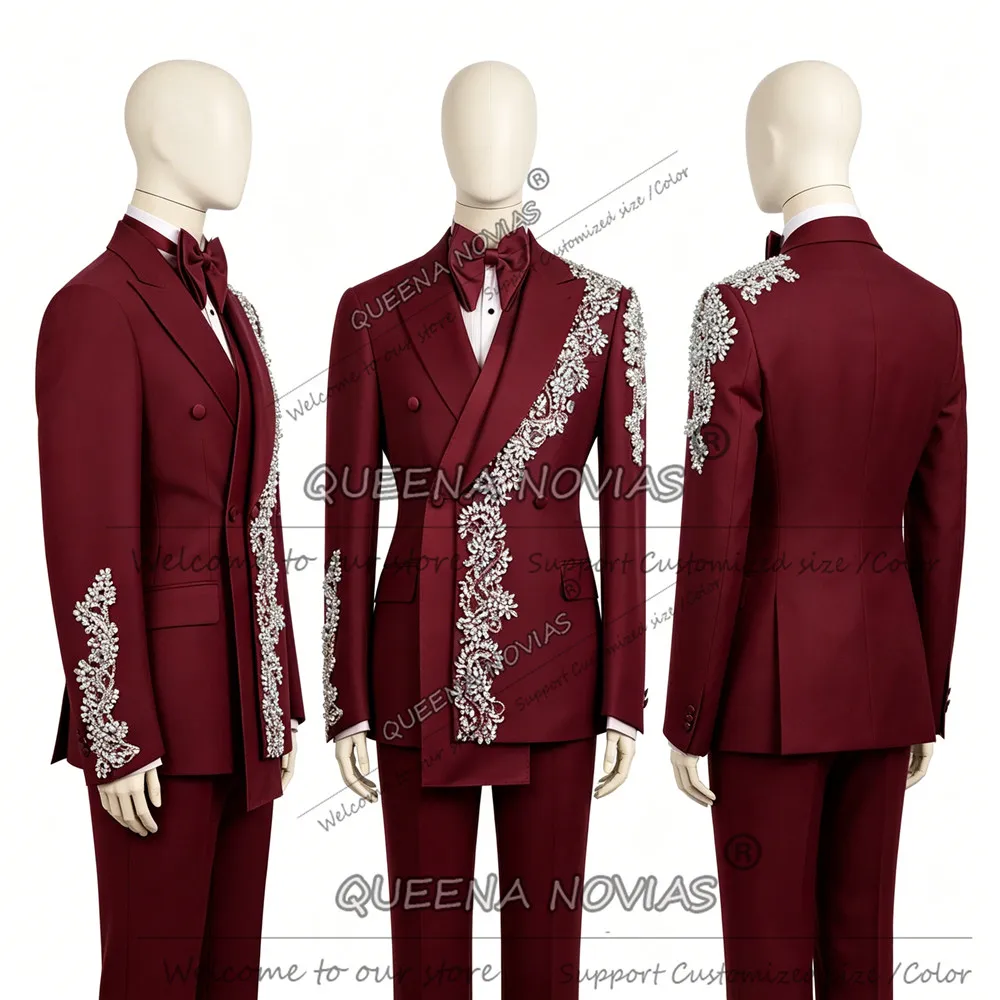 

Sliver Beaded Stones Suit Man For Wedding Double Breasted Jacket Pants 2 Piece Sets Groom Tuxedos Slim Fit trajes para hombre
