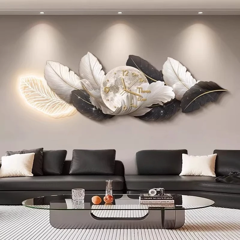 Modern Luxury LED Wall Clock Living Room Painting Feather Mute Clock Interior Sofa Background Mural Lamp Wall Clock Room Decor