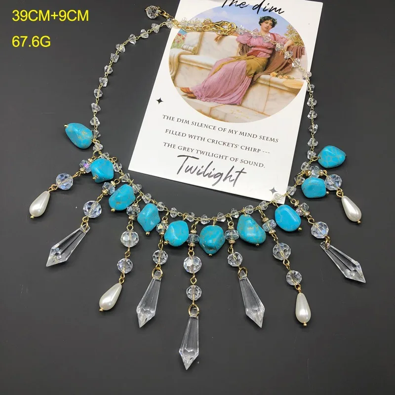 

Retro Style New Tassel Crystal Section Pendant Turquoise Necklace Earrings Set Medieval Versatile Jewelry