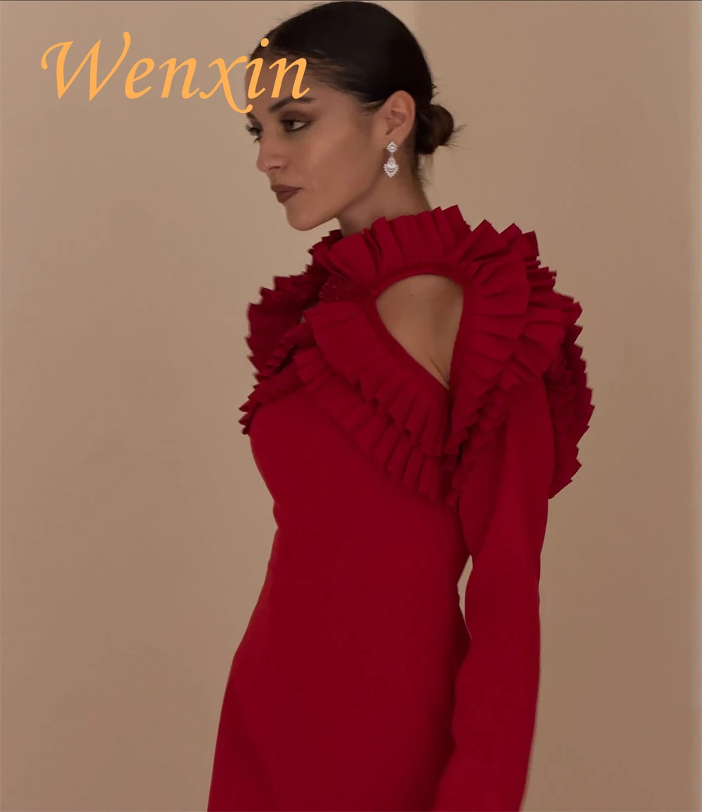 Robe de soirée en Jersey rouge Simple, personnalisée, col haut, manches longues, robes de soirée, robes d'occasion spéciale