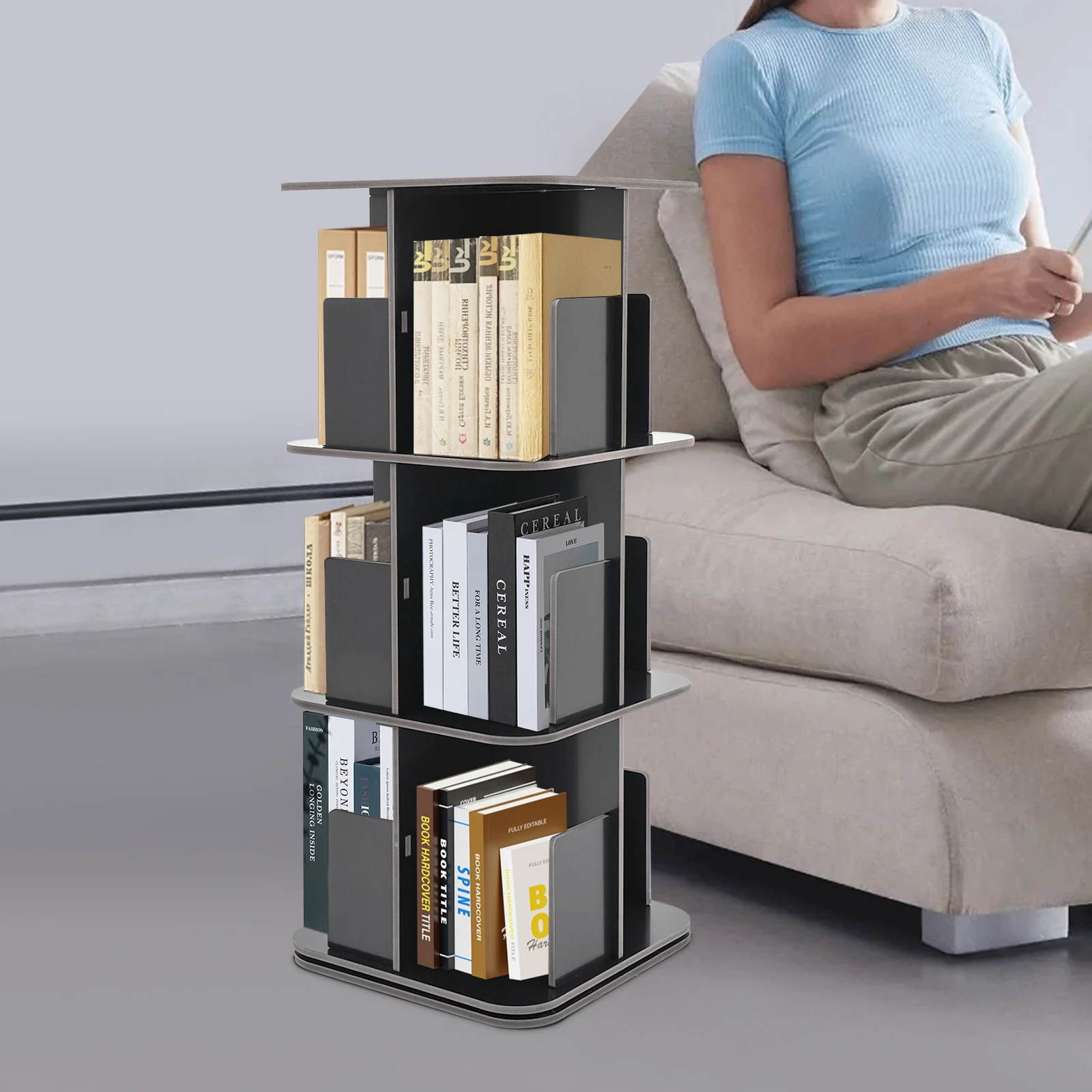 

3-Tier Rotating Bookshelf 360° Rotatable Home Furniture Space-Saving for Bedroom Study Living Room Standing Book Shelf Organizer