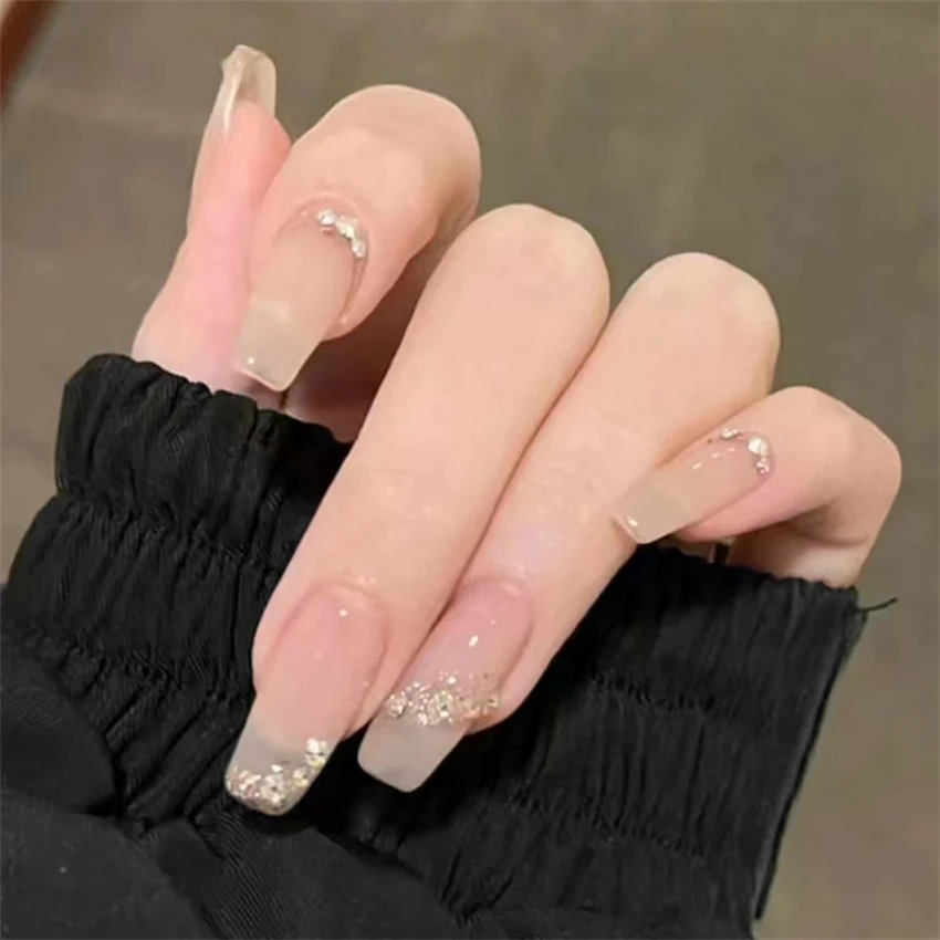 24Ps/Set Black Square Diamonds Short Ballet Wearing False Nails French Acrylic Fake Nails Removable Adhesive Press on Nails Tips