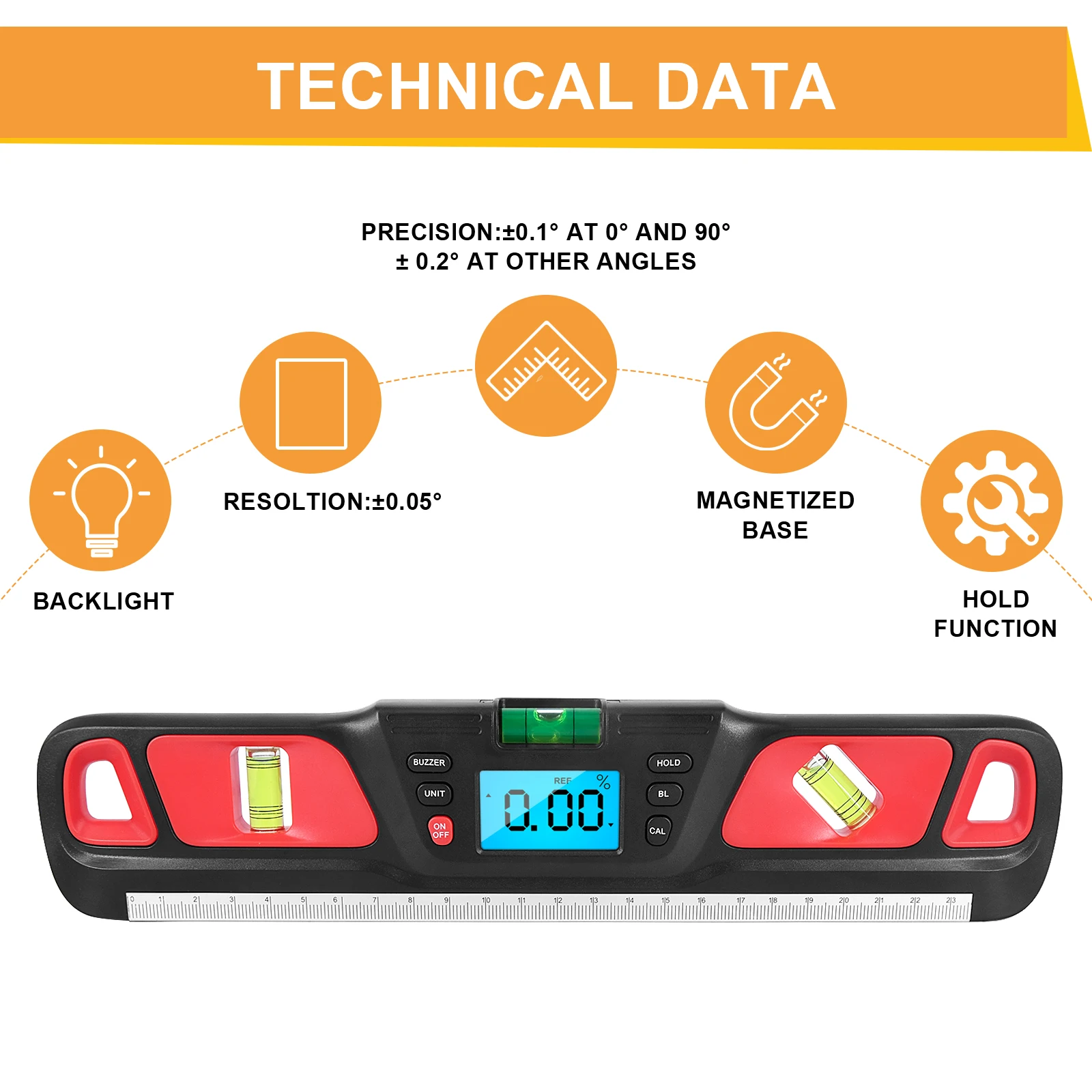 Digital Torpedo Level Protractor Magnetic 4x90°Measuring Range Electronic Angle Grader Inclinometer Electronic Level with Magnet