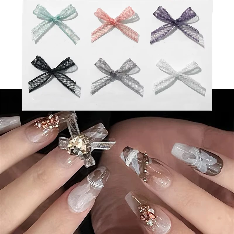 10pcs Pink White Organza Ribbon Nail Art Charm 3D Japanese Lace Bows Ribbon Nail Decoration DIY Korea Design Nail Accessories