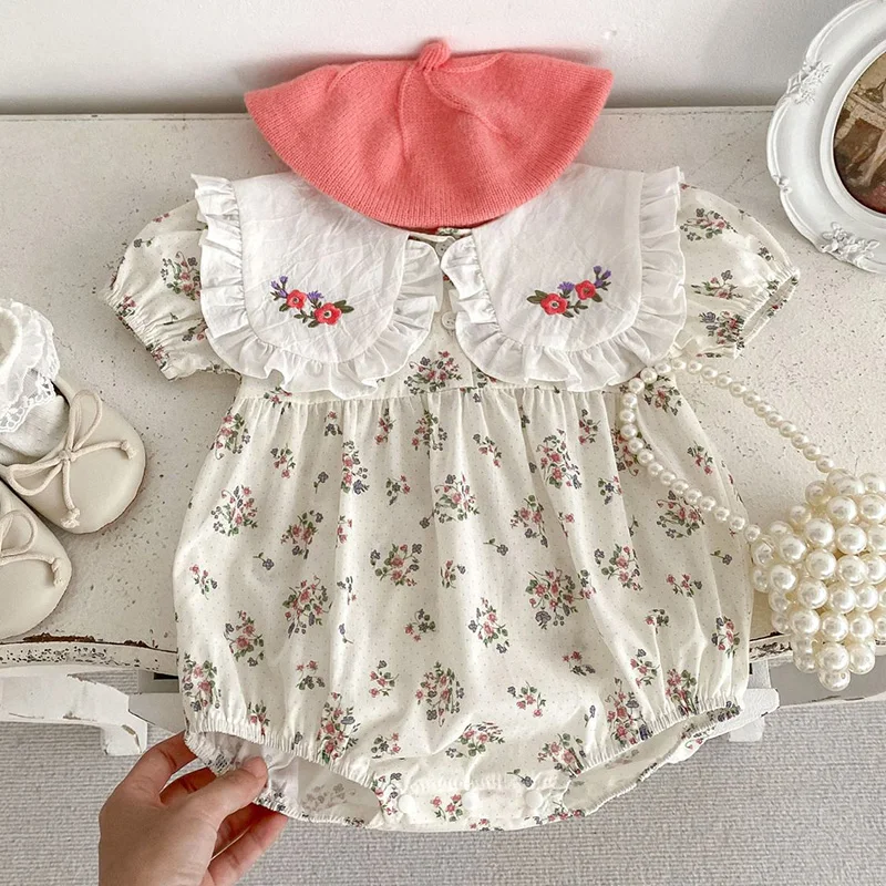 

2024 New Summer 0-24M Children Clothes Toddler Baby Girls Jumpsuit Short Sleeved Cotton Flower Print Infant Baby Girls Bodysuits