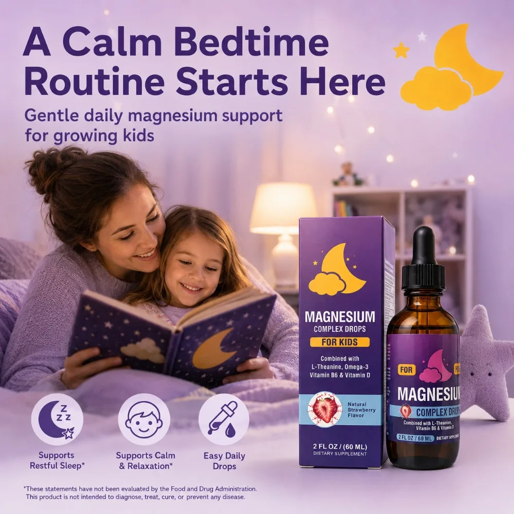 Kids Magnesium Complex Drops with Magnesium Glycinate L-Theanine Omega-3 Vitamin B6 D3, Strawberry Flavor, 60ml Daily Support