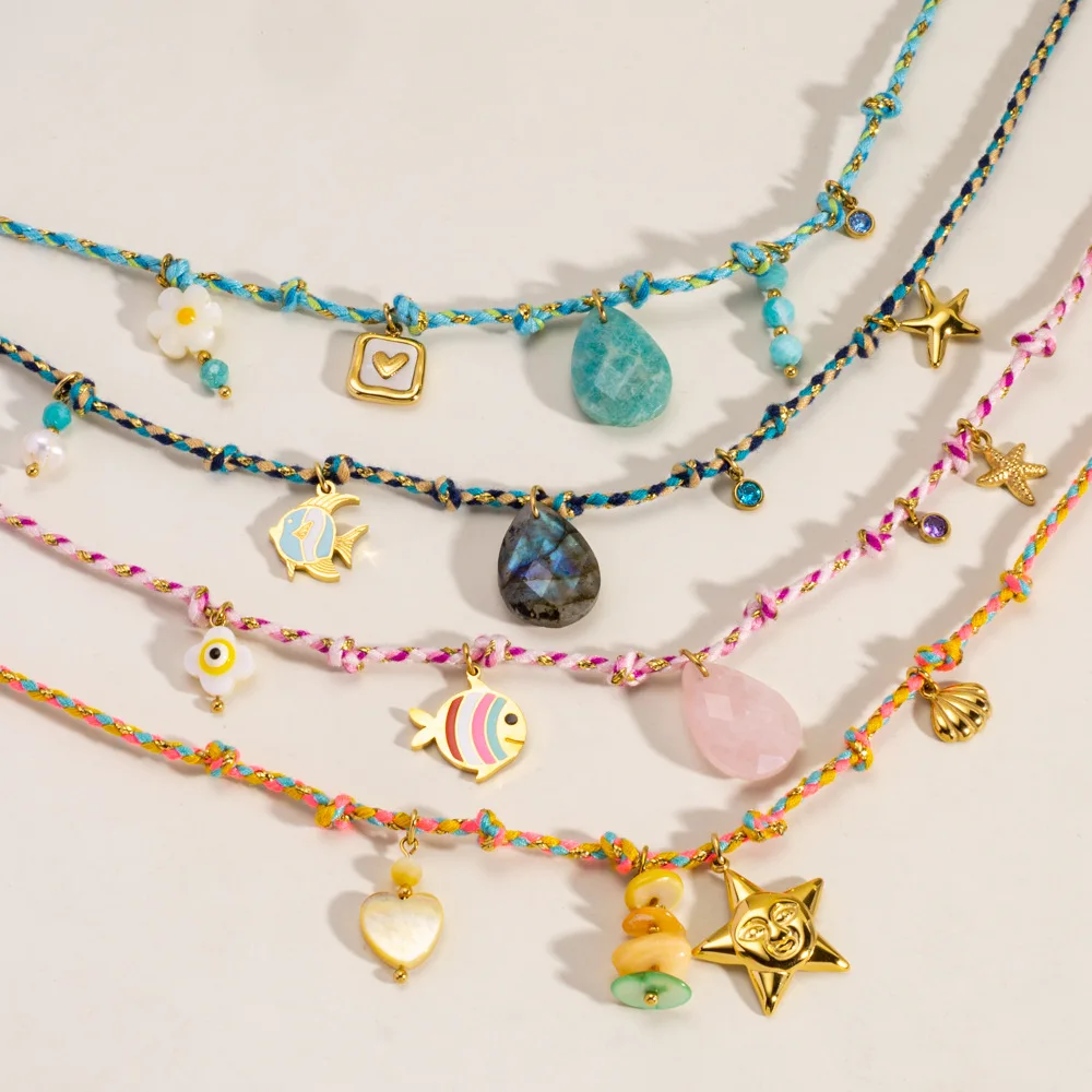 V. Stainless Steel Handmade Colored Woven Rope Water Droplet Natural Stone Chain Necklace for Women Jewelry Wholesale