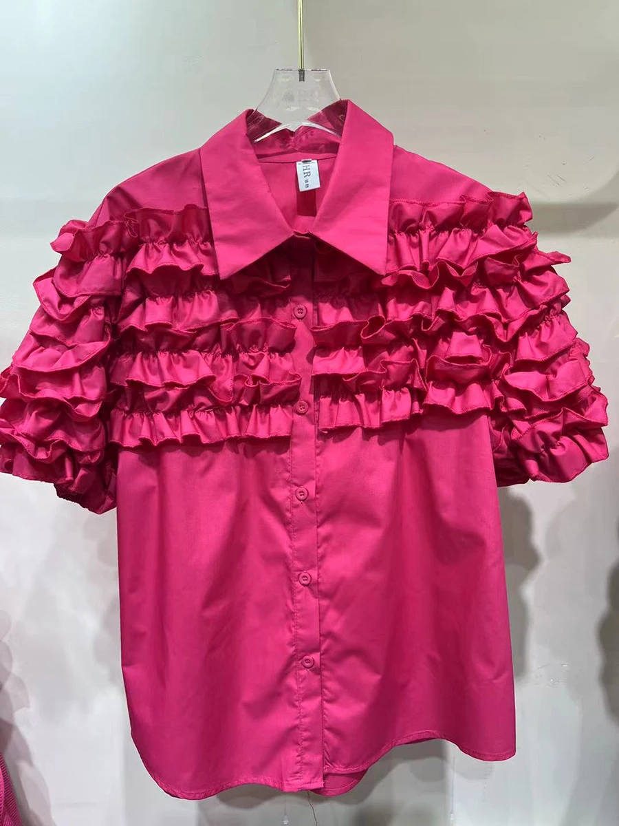 GALCAUR Solid Spliced Fungus Folds Elegant Shirts for Women Lapel Short Sleeves Patchwork Single Breasted Shirt Female Style New