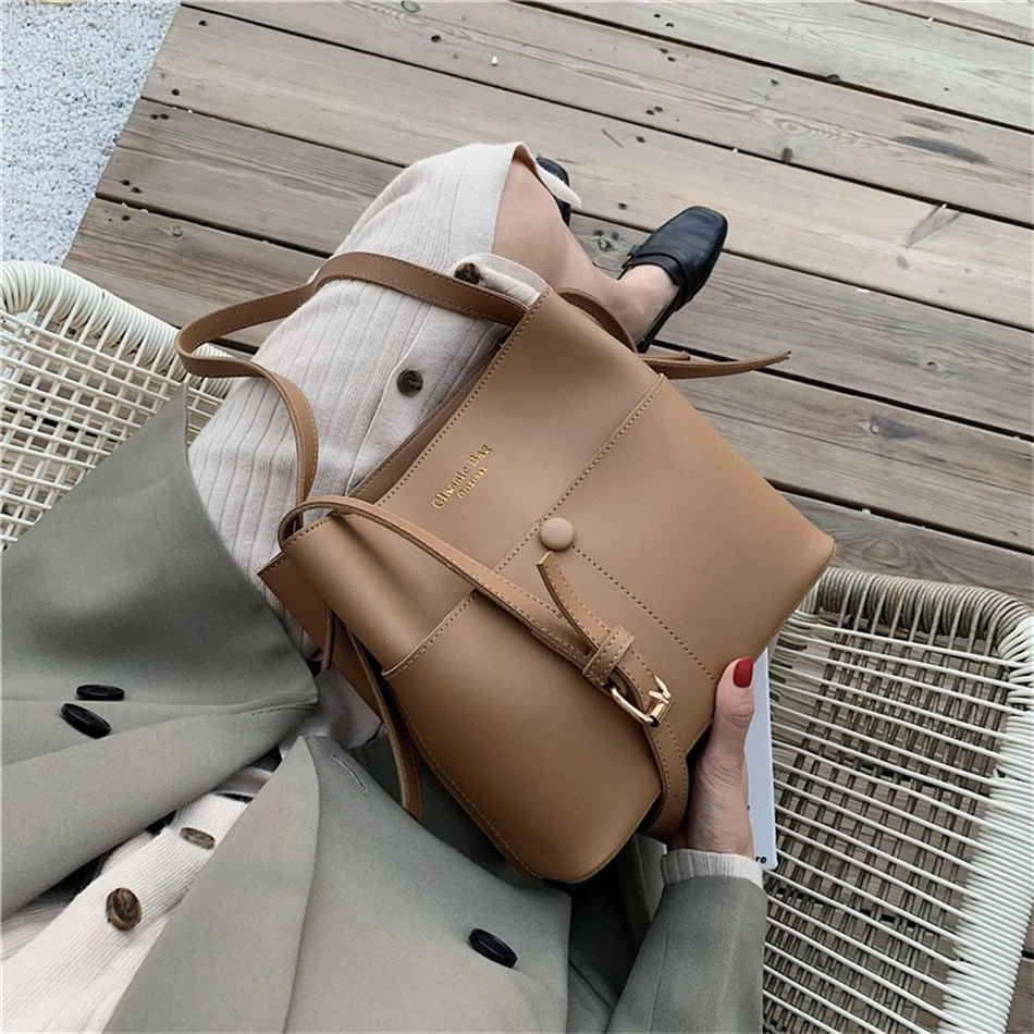 Solid Color Buckets Bag for Women Designer Shoulder Bags Luxury Soft Leather Crossbody Bag Large Capacity Tote Ladies Big Purses