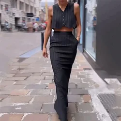 Women Stripe Crop Vest and Long Skirt 2 Piece Set Elegant Black V-Neck Single Breasted Tops Straight Skirts OL Outwear Suit