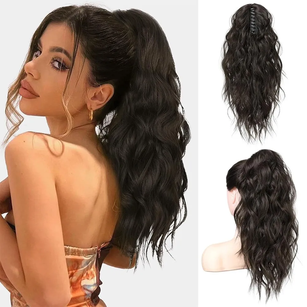 Beyoutefu Synthetic Hair Ponytail Extension Long 18 Inch Organic Water Wave Straight Natural Drawstring Ponytail Kanekalon