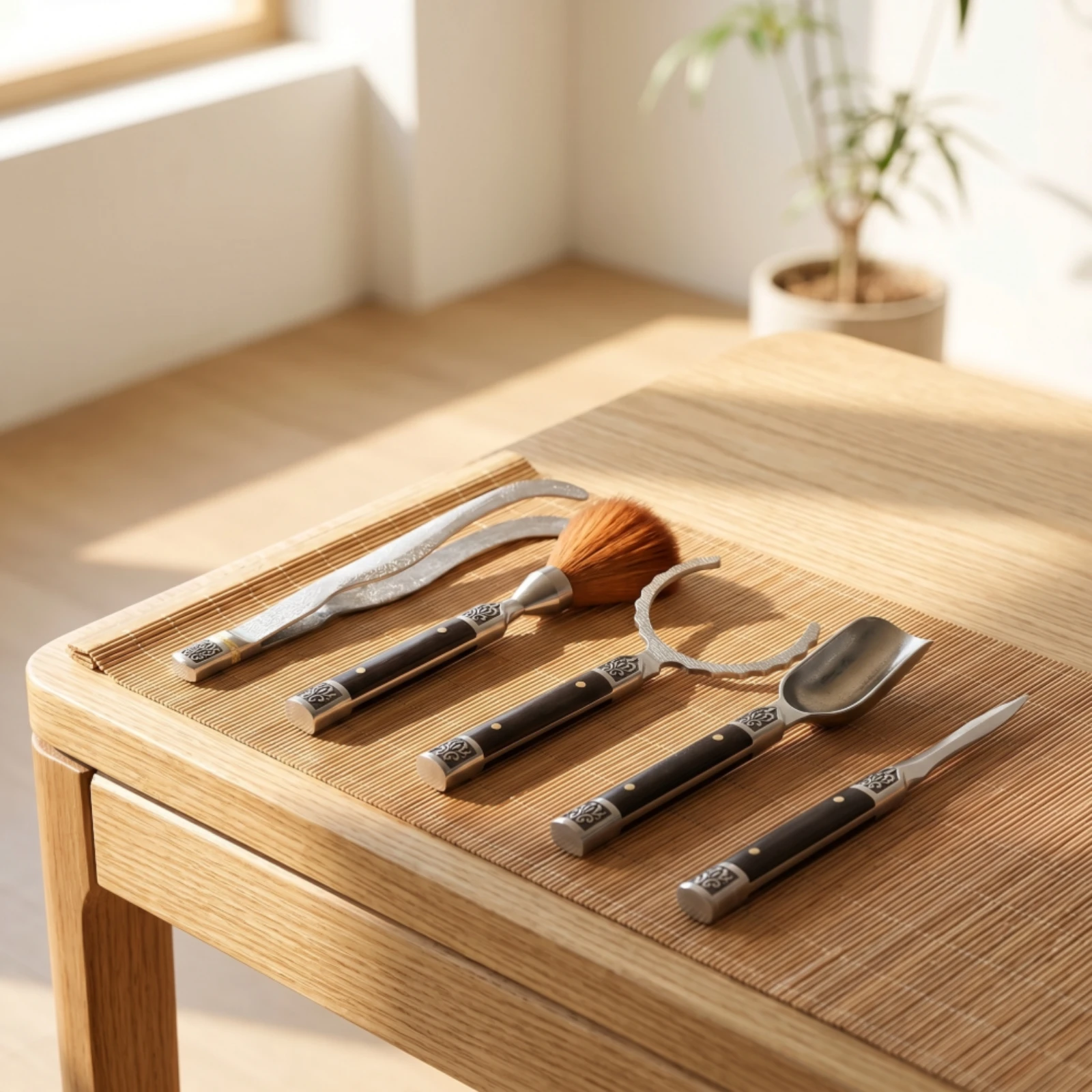 5 Pieces Tea Ceremony Set with Wooden Handles Engraved Gongfu Tea Set High-Quality Practical for Hosts