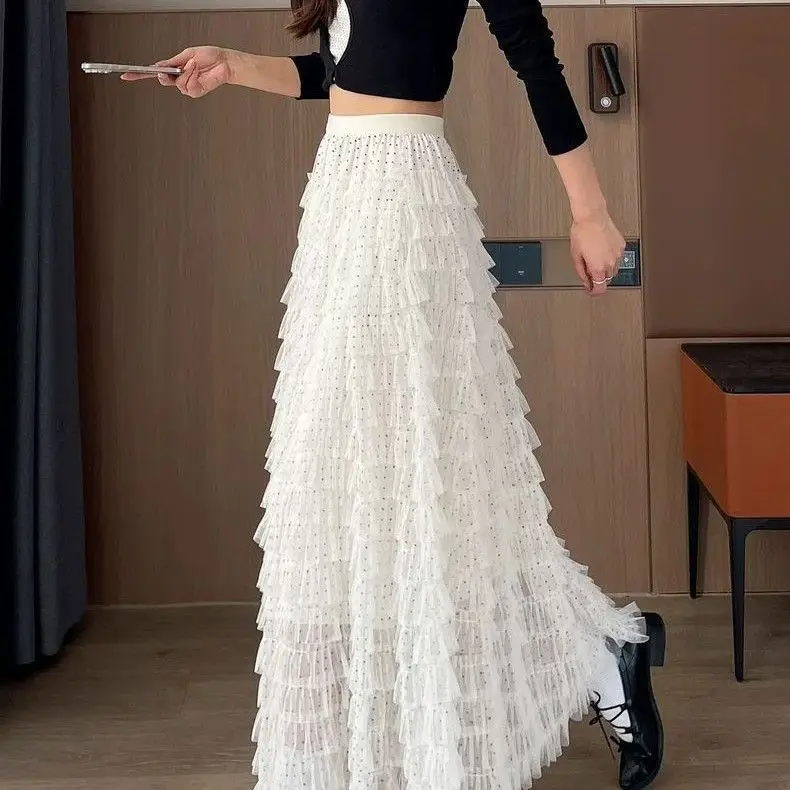 

Polka Dot Mesh Half Skirt Women's Spring Design High Waist Midi A-Line Fairy Tale Pleated Puffy Cake Skirt with Inner