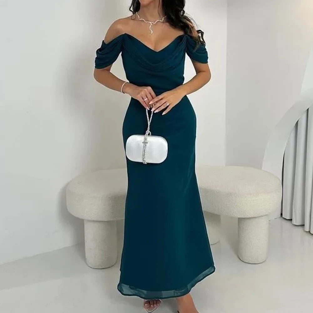

Off the Shoulder V Neck Chiffon Solid Color Straight Backless Ankle Length Zipper Back Evening Party Dresses For Formal Occasion