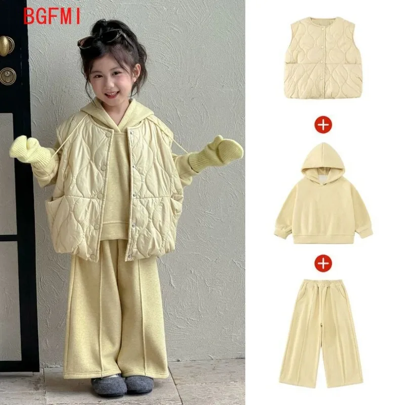 

Girls' Casual Set Fall Winter 2025 New Light Yellow Baby Plus Thick Fleece Hooded Sweatshirt+pants+quilled Cotton Vest 3pcs Set
