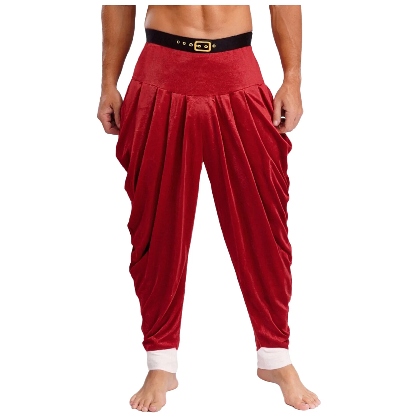 

Mens Christmas Theme Party Santa Claus Costume Elastic Waistband Contrast Color Velvet Baggy Pants New Year Xmas Long Pants