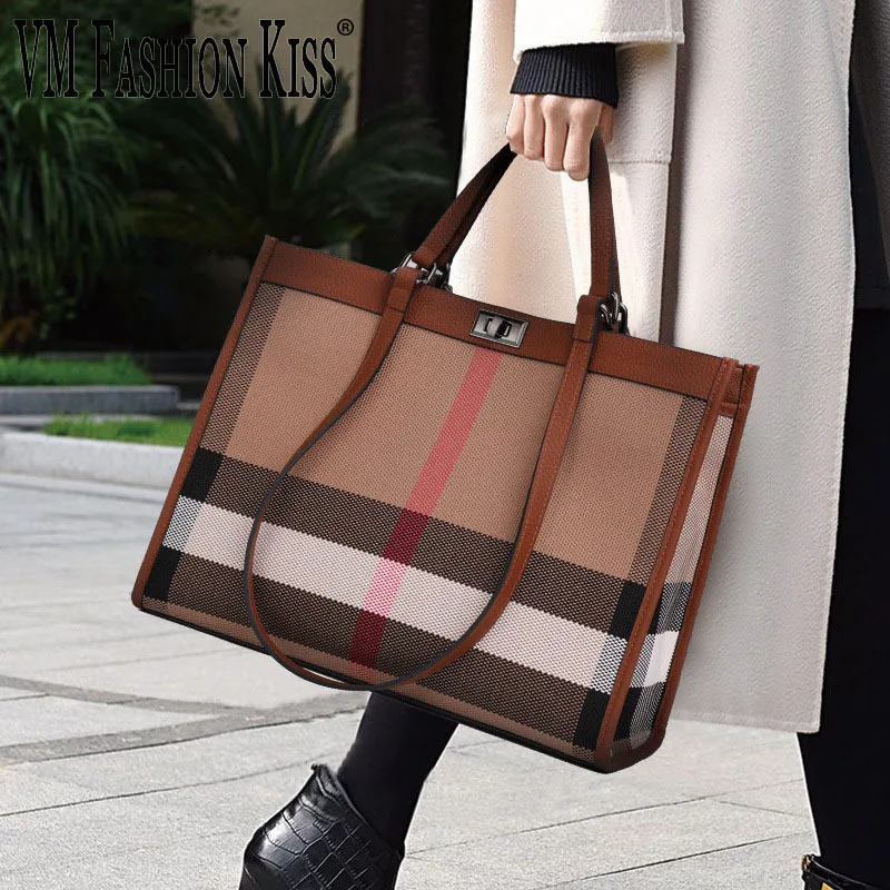 VM FASHION KISS Canvas + Leather Women\'s Shoulder Hand Bag Woman Large Capacity Casual Tote Classic Stripe Bag Black Handbag