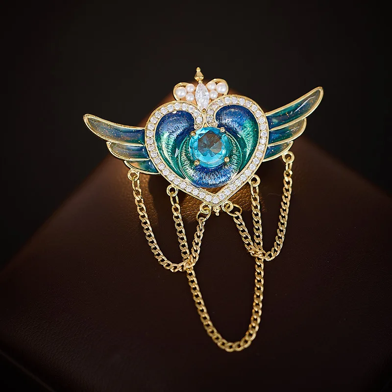 

Retro enamel craftsmanship Angel Wing chain tassel brooch and exquisite zircon corsage accessory