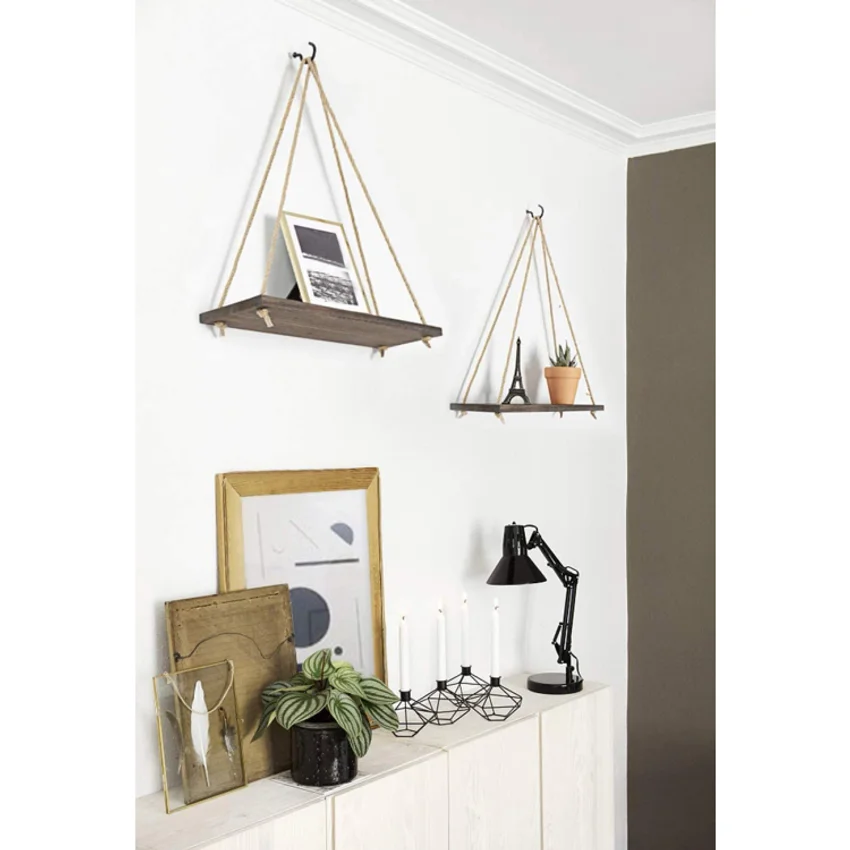 1PC Hanging Shelves for Wall Floating Shelves, Macrame Rope Triangle Shelf, Natural Light Reclaimed Wood, Farmho