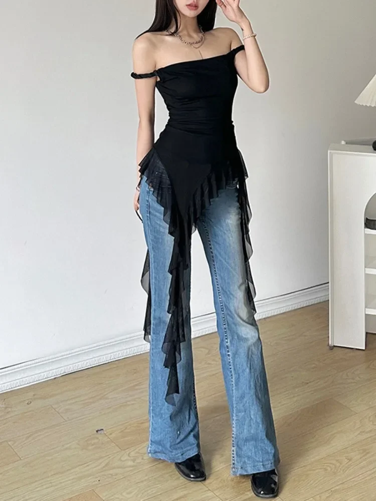 2024 Slash Neck Harajuku Fairy t-shirt Solid senza maniche Slim Fit Grunge top donna Y2k estetica irregolare arruffato Summer Tees