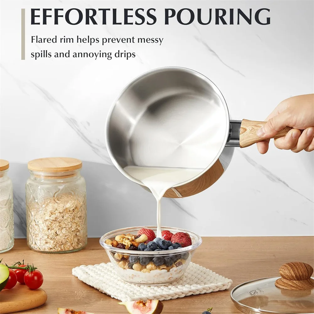 KOCH SYSTEME CS 6 Pcs Sauce Pan Set with Lids 1QT/2QT/3QT Stainless Steel Pots 5-Layer Stainless Base Sauce Pan with Lid & Stay-Cool Handle Milk Pots Induction Compatible
