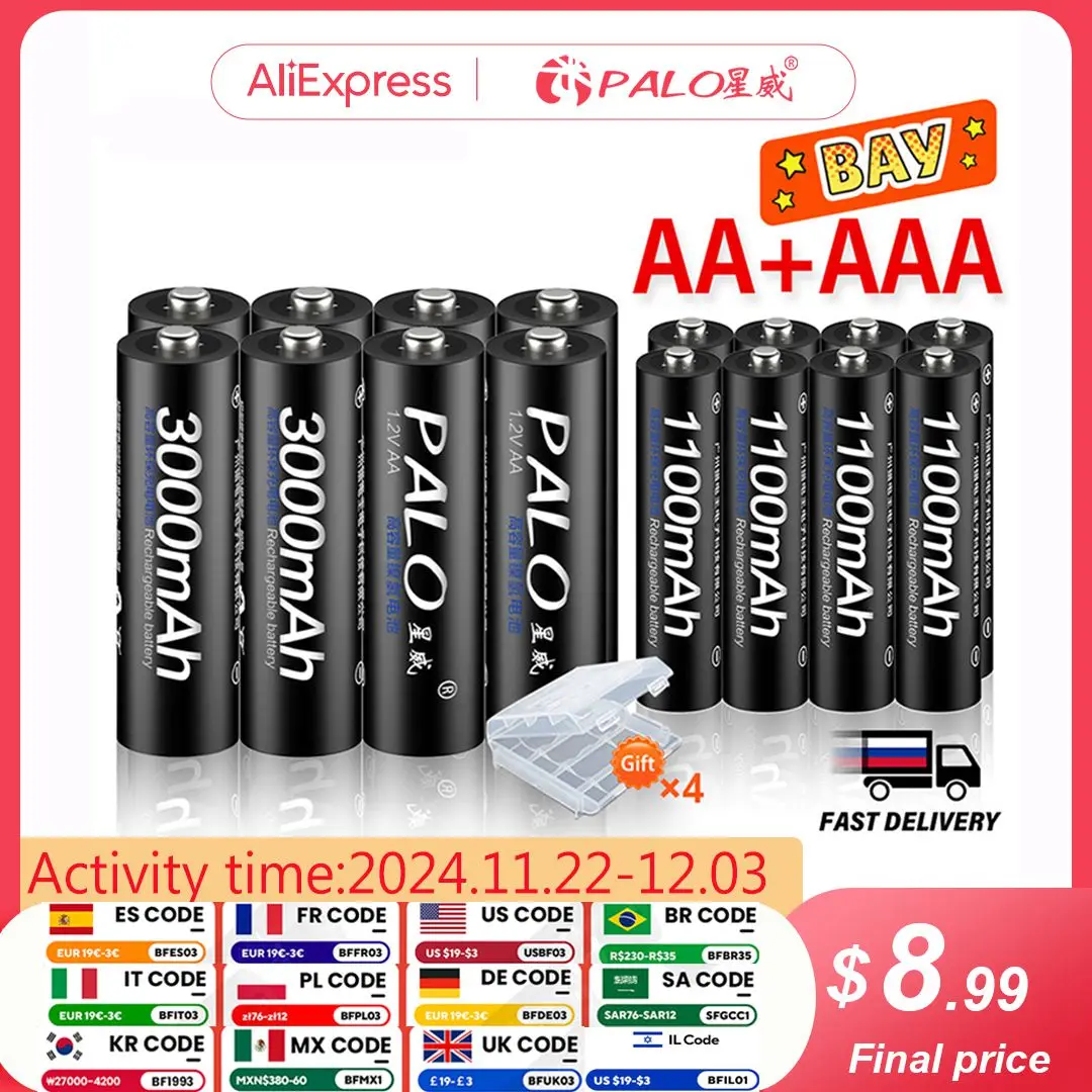 PALO 4 Uds 3000mAh 1,2 V AA baterías recargables + 4 Uds 1100mAh 1,2 V AAA batería NI-MH AA AAA batería recargable para cámara de juguete