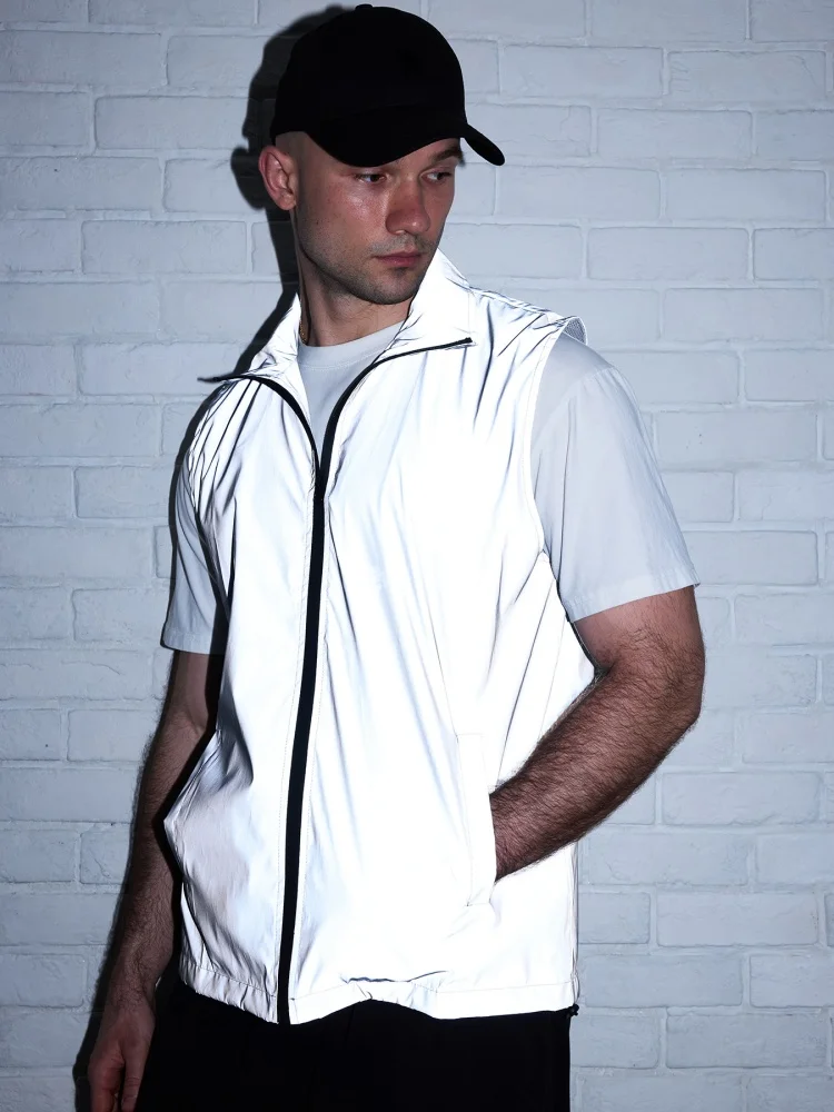 

Male Reflective Lapel Vest Men Hip Hop Streetwear Night Running Cycling Glowing Sleeveless Simple Jacket