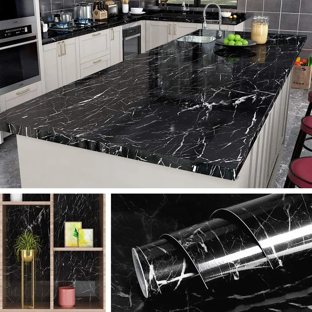 Black Marble Kitchen Wallpaper PVC Waterproof Contact Self Adhesive Countertop Desktop Bathroom Wallpaper