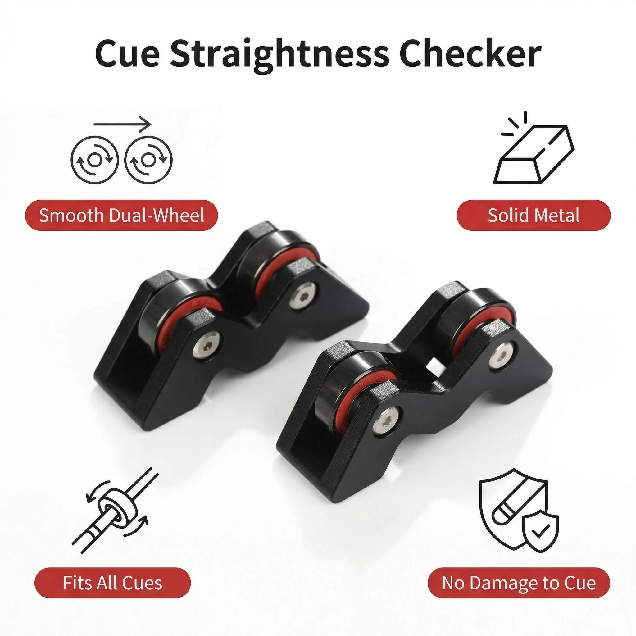 

Pool Cue Straightness Detector, Metal Body, Red Roller, Black, 2pcs/Set