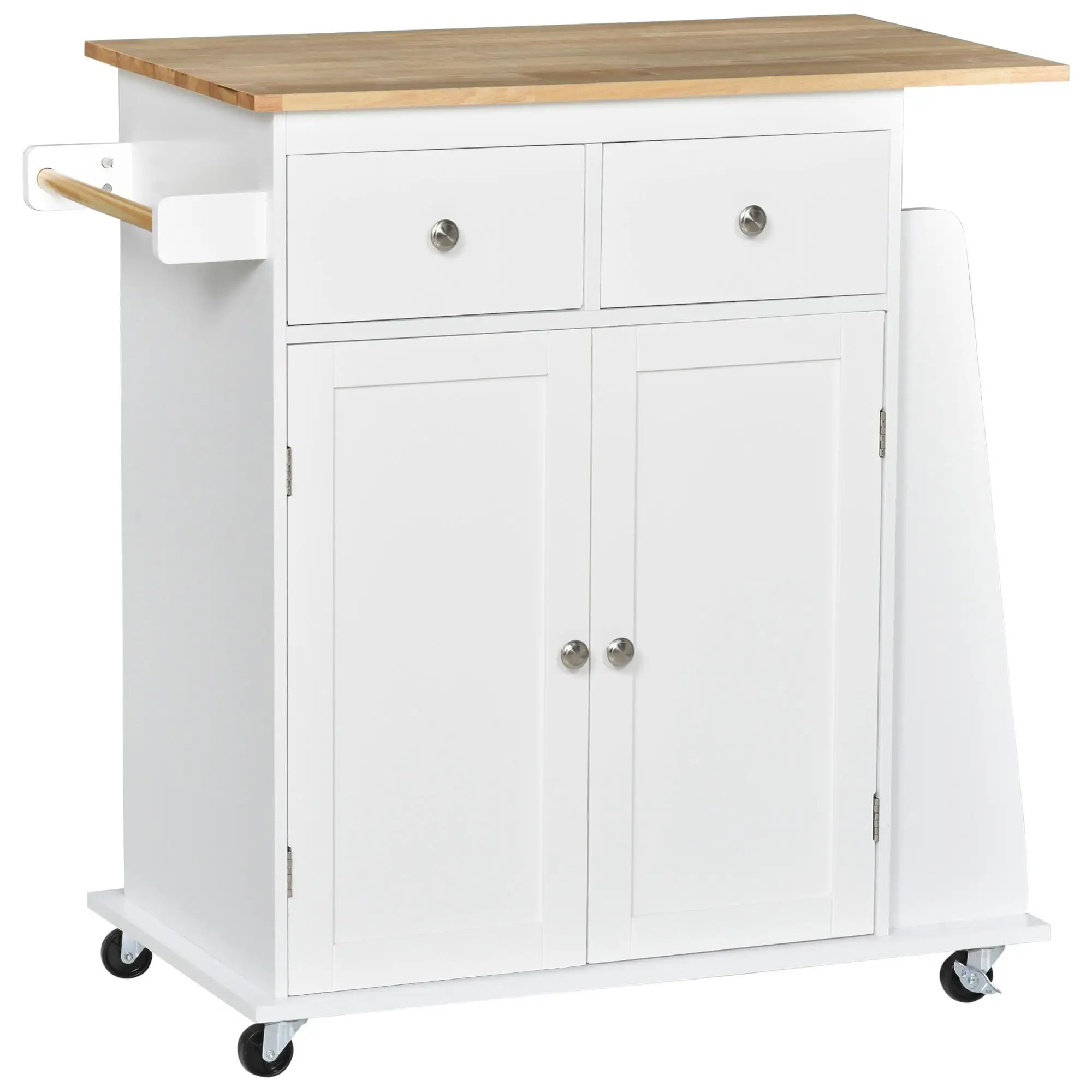 Carrito de Cocina de MDF y Madera de Caucho con 2 Cajones, 2 Puertas, Estante para Especias de 3 Niveles, 89x45x89.5 cm, Blanco