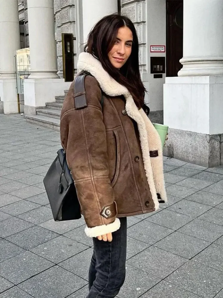 Women Autumn Winter Lamb Woolen Patchwork Suede Jacket Fashion Lapel Long Sleeves Thick Coat Elegant Lady Commuting Outerwear