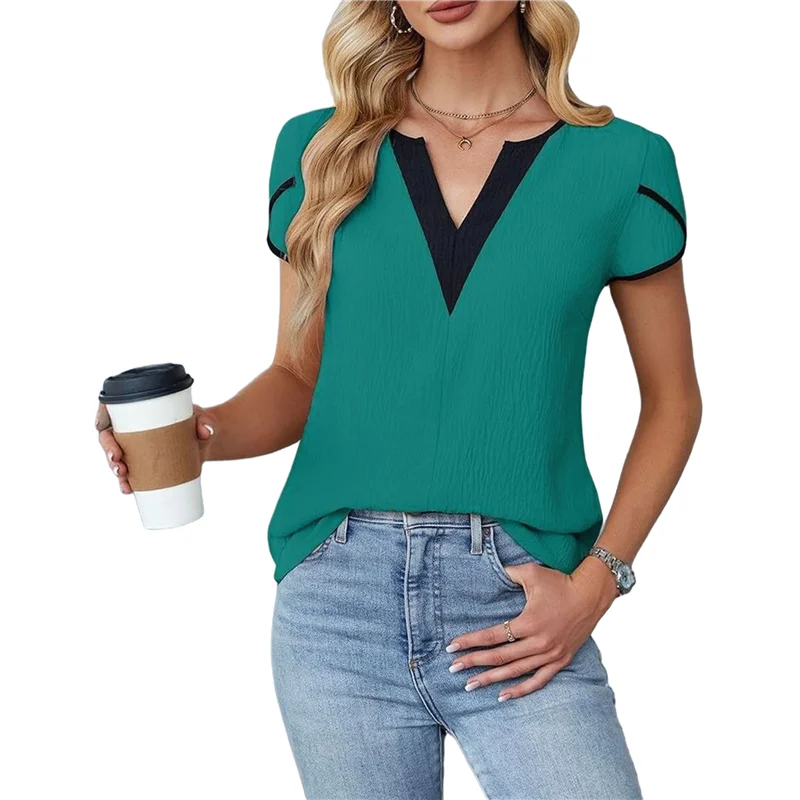 تي شيرت نسائي بأكمام بتلات ورقبة على شكل حرف V كاجوال تي شيرت صيفي أساسي #5