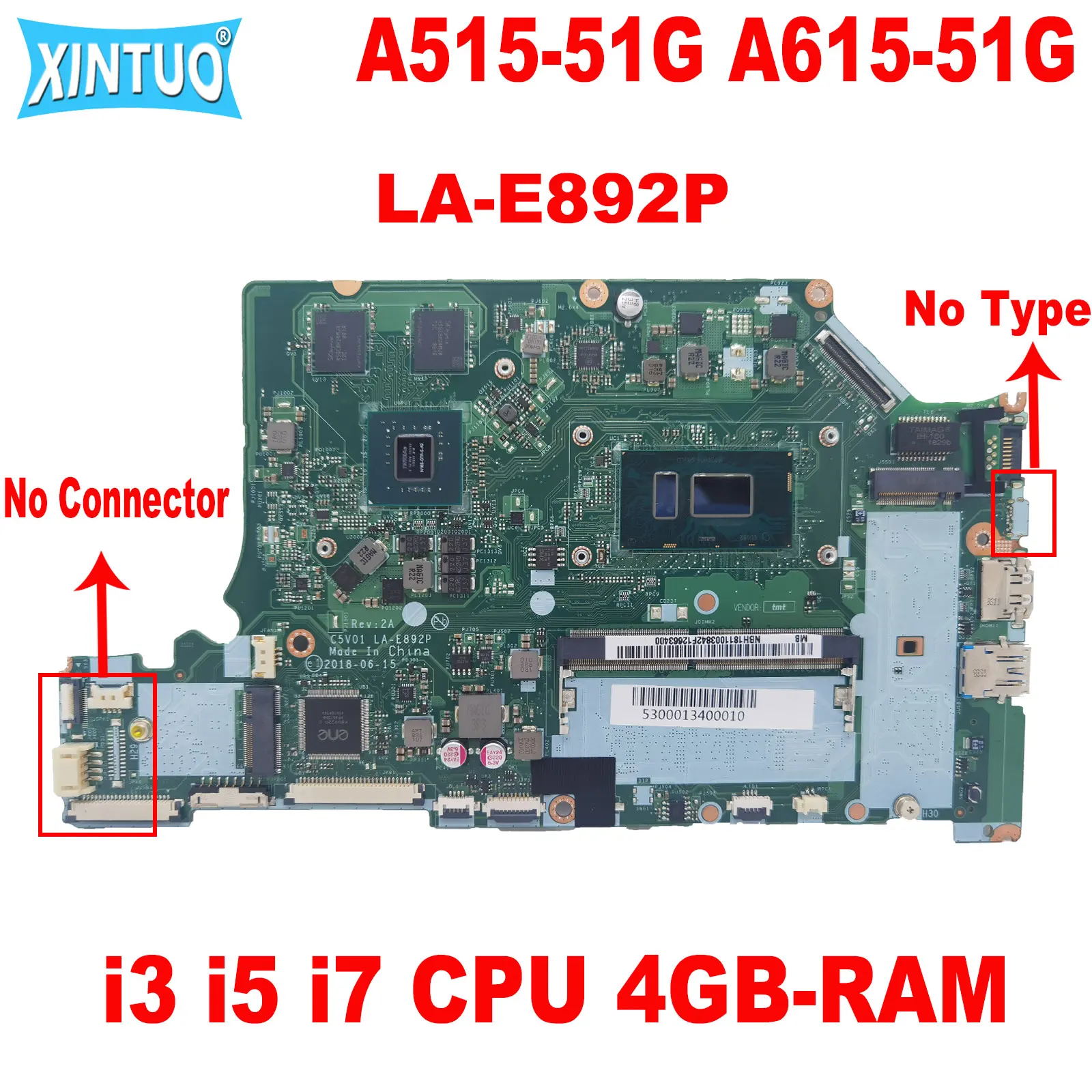 

LA-E892P Mainboard is suitable for ACER Aspire A515-51G A615-51G A315-51G laptop motherboard i3 i5 i7 CPU 4GB-RAM +GPU DDR4 Test