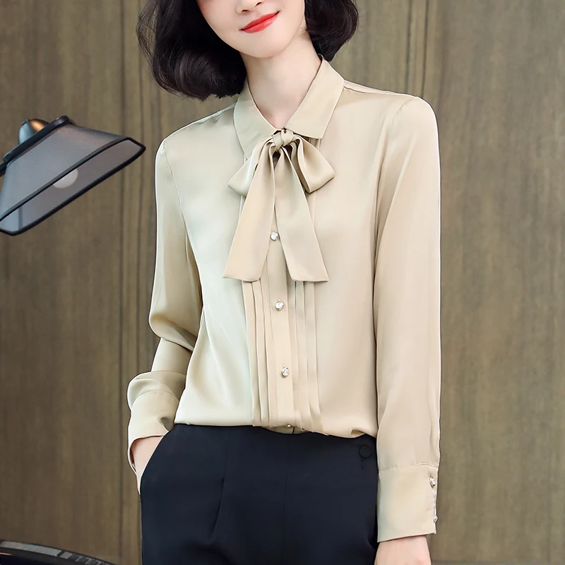 

Elegant Fashion Shirts For Women Real Silk Blouses Long Sleeve Office Lady Buttons Shirt Woman Solid Blouse Women's Clothing