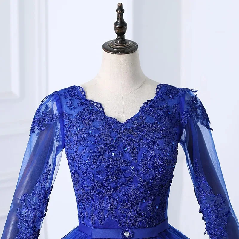 Abito da sposa elegante in pizzo con scollo a V a maniche lunghe Abito da ballo da sposa vintage Abiti da sera modesti Abito per occasioni formali personalizzato