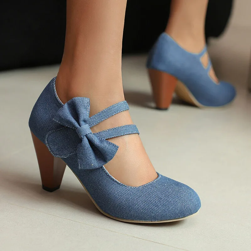 Blue Denim Pumps New Autumn Round Toe Ladies Shoes Side Sweet Bow Chunky Heels Shoes Woman zapatos mujer Big Size 35-43 WSH5141