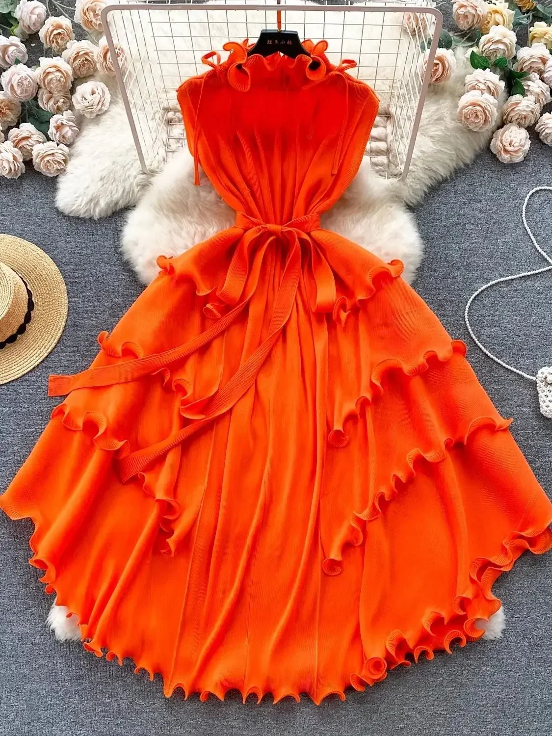 Miyake Pleated Dress Women's Stand Collar Lace Up Sleeveless Elastic Oversized Ruffles Boho Robe Loose Vestidos Summer Holiday