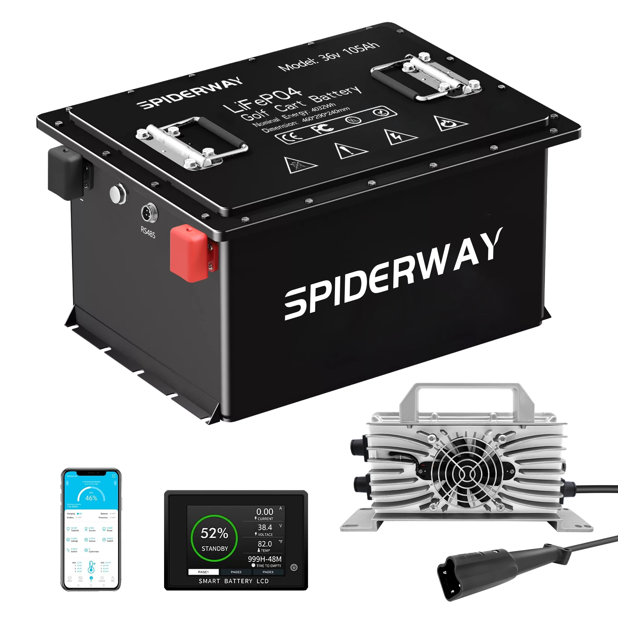 

36V 105Ah Lithium LiFePO4 Golf Cart Battery 15000+ Cycles With 200A BMS LCD Screen Charger Touch Monitor Max 7.68kW Power Output