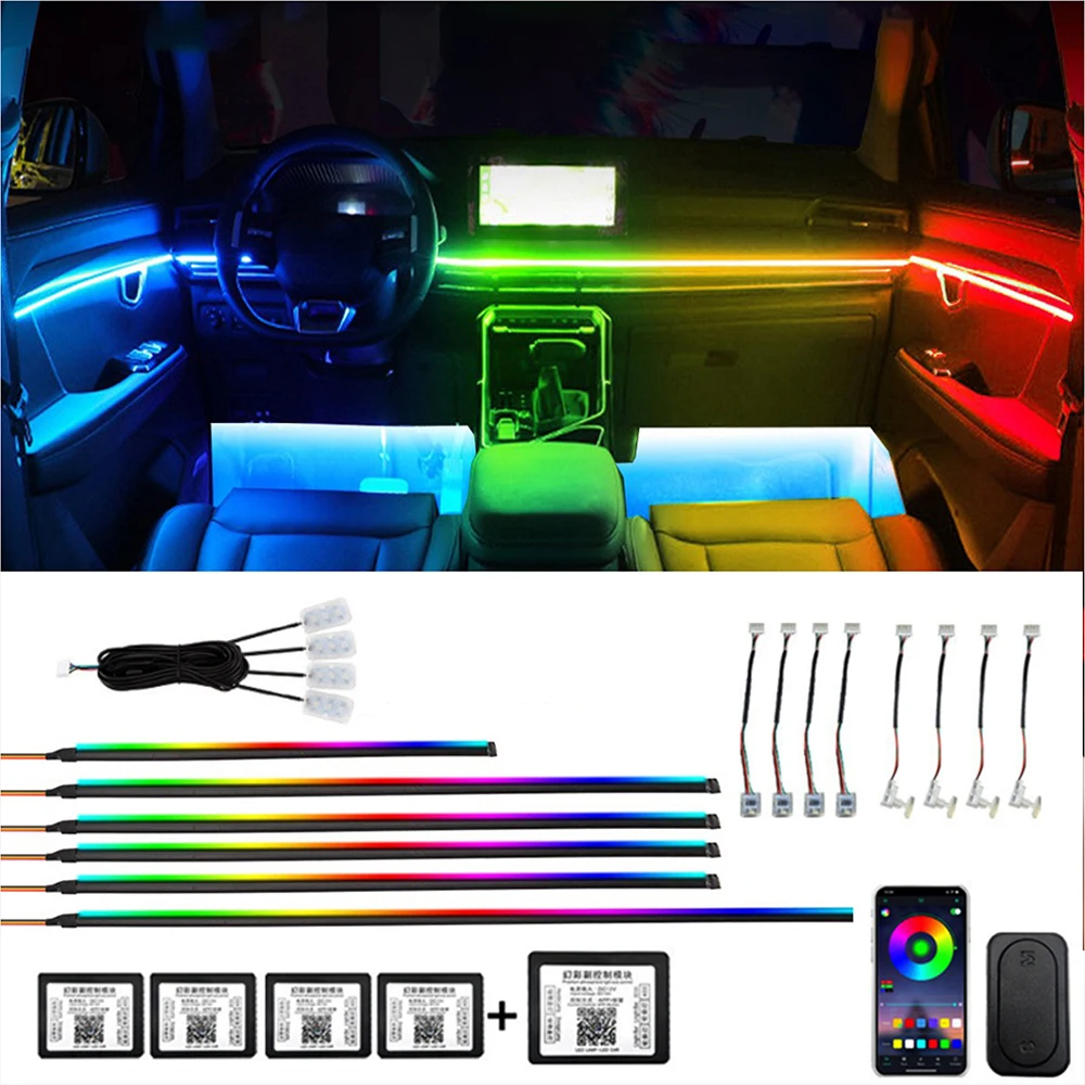 64 Color RGB Symphony Car LED Strip Lights 18 in 1 Interior Ambient Acrylic Guide Lights APP Control Atmosphere Lamp Decoration