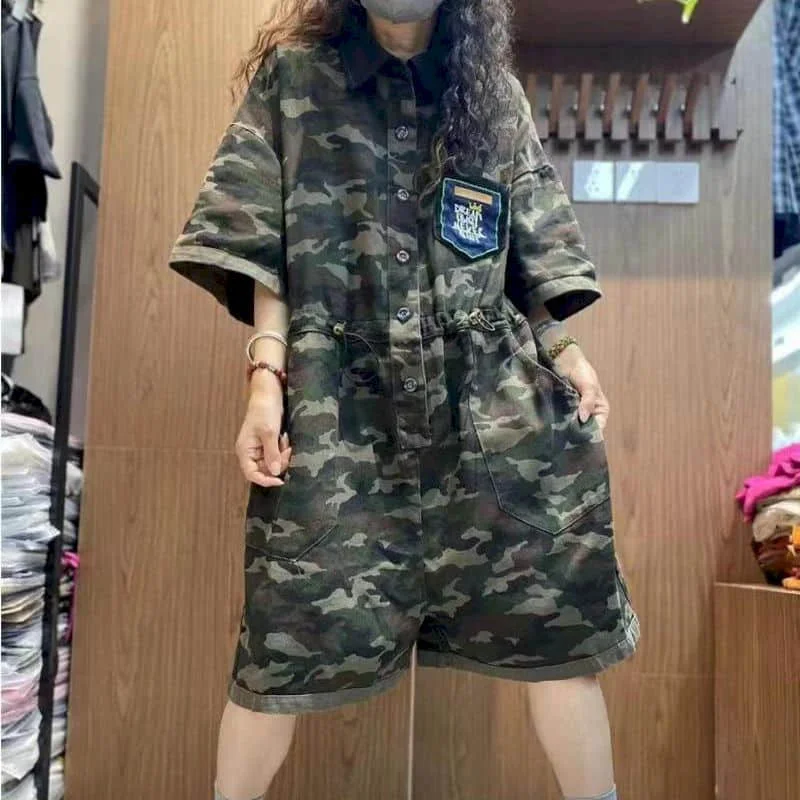 Kombinezony kamuflażowe damskie z krótkim rękawem w stylu koreańskim Harajuku, kombinezon jednoczęściowy, damski kombinezon, casualowe kombinezony w stylu vintage.