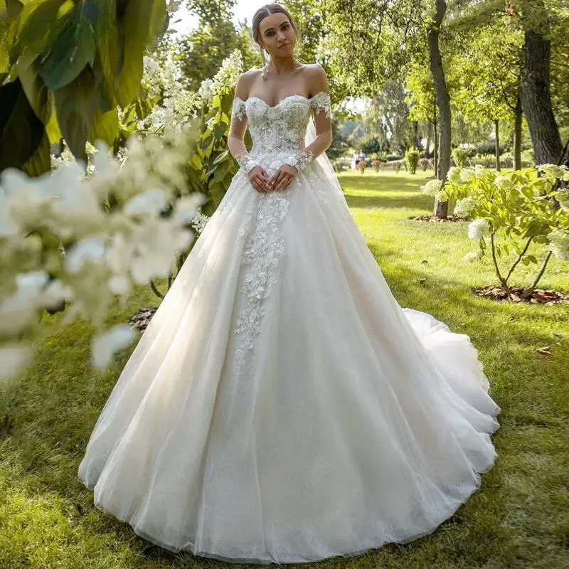 

Charming Sweetheart Full Sleeve Customized A-Line Wedding Dress 2025 Luxury Beaded Appliques Court Train Princess Bridal Gown