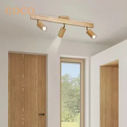 Modern Wood LED Ceiling Lamp For Aisle Bedroom Cloakroom Toilet Shop Corridor Track Light Fixture Long Chandelier With Spotlight