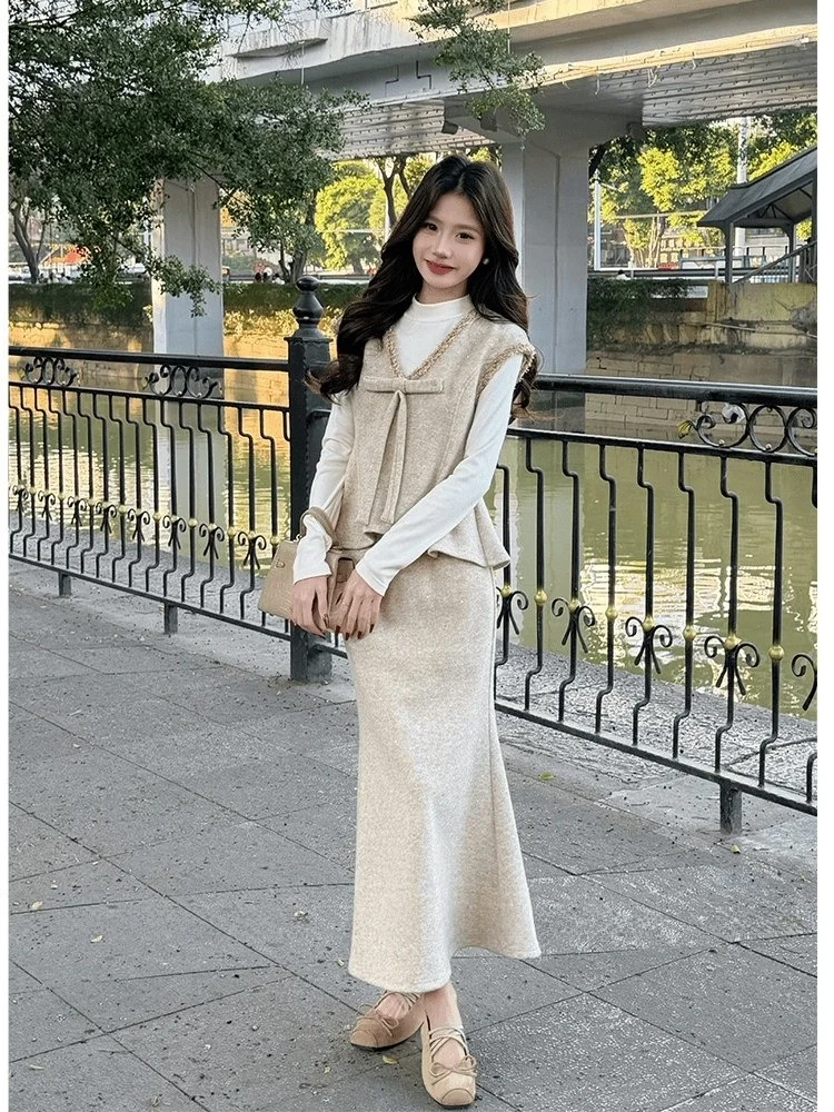 

Chic Spring New plus Size Women's Set Soft Gentle Sle f-length Skirt Slimming Vest Korean Faion High Waist Pure Color