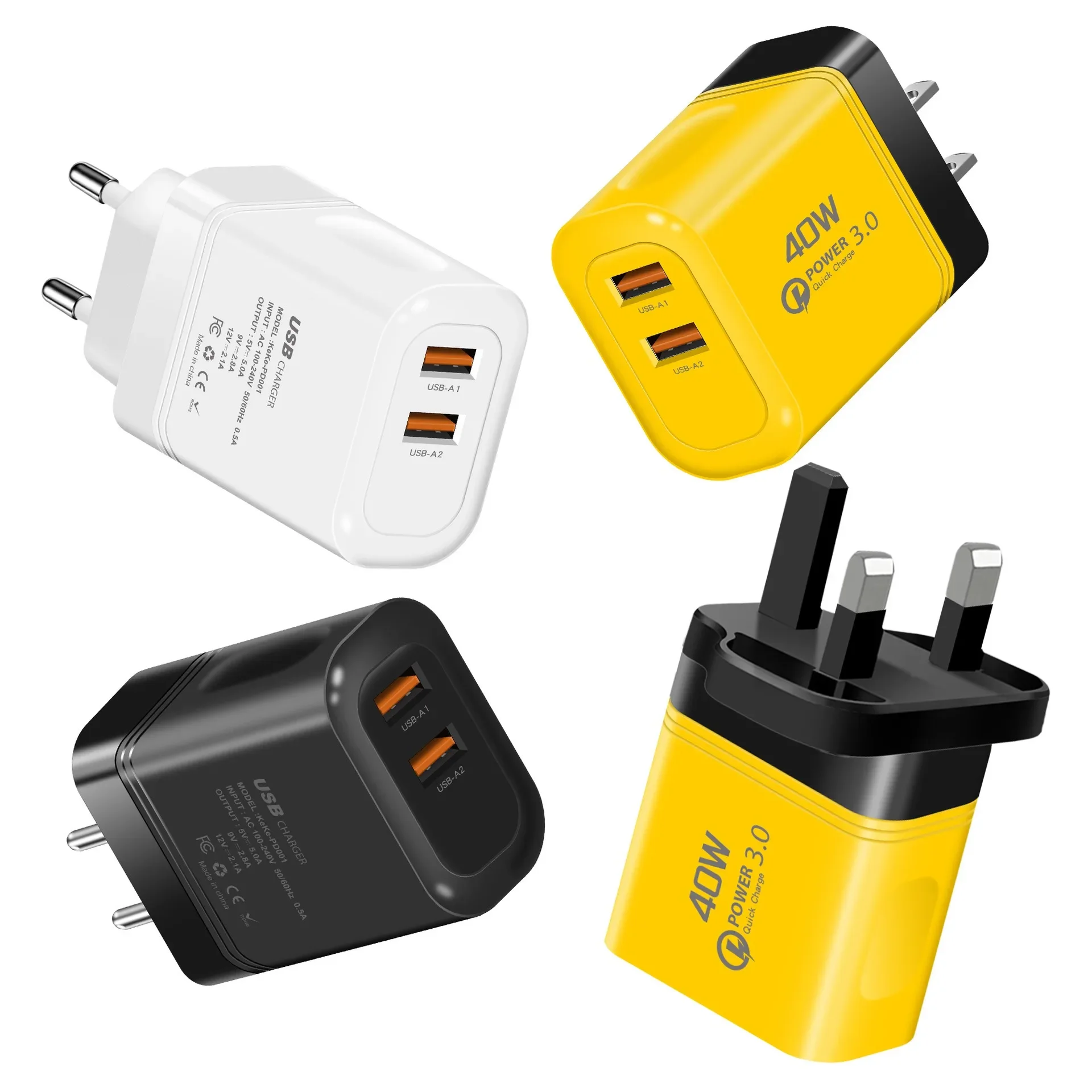 Total 40W USB Charger Quick Charge EU US Plug Fast USB QC 3.0 Charger for iPhone 15 14 13 12 Xiaomi Samsung