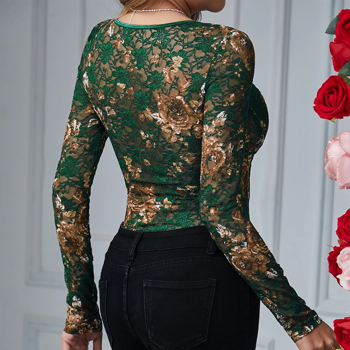 Sexy Lace Bodysuit Women Square Collar Floral Embroidered Jumpsuit Transparent Top T-shirt Long Sleeve Spring Autumn 63905 - view 2