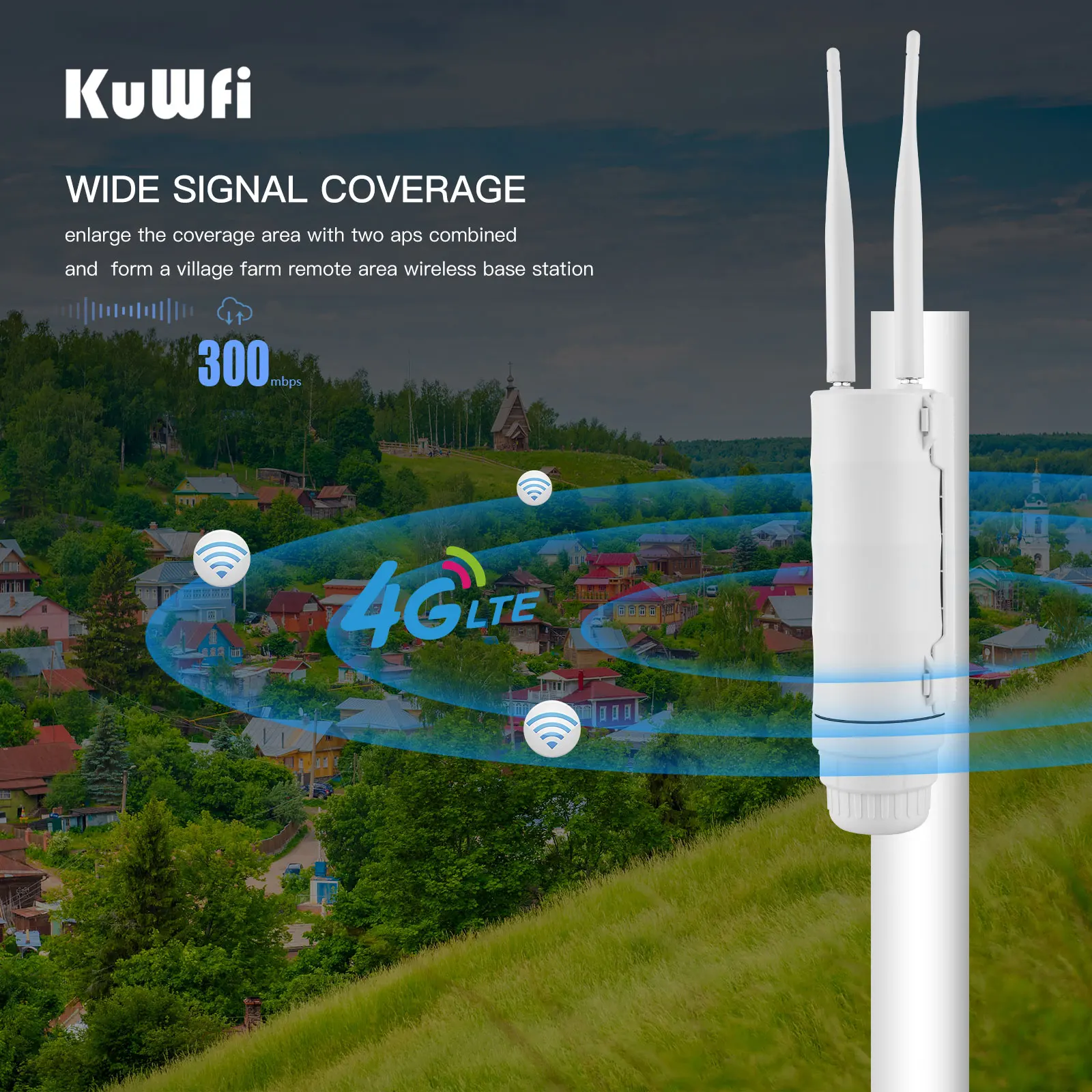 KuWFi Outdoor 4G LTE WiFi Router CAT4 300Mbps IP67 Waterproof 4G SIM Card Wi-Fi Routers for Outside WiFi Covera Support 64 Users