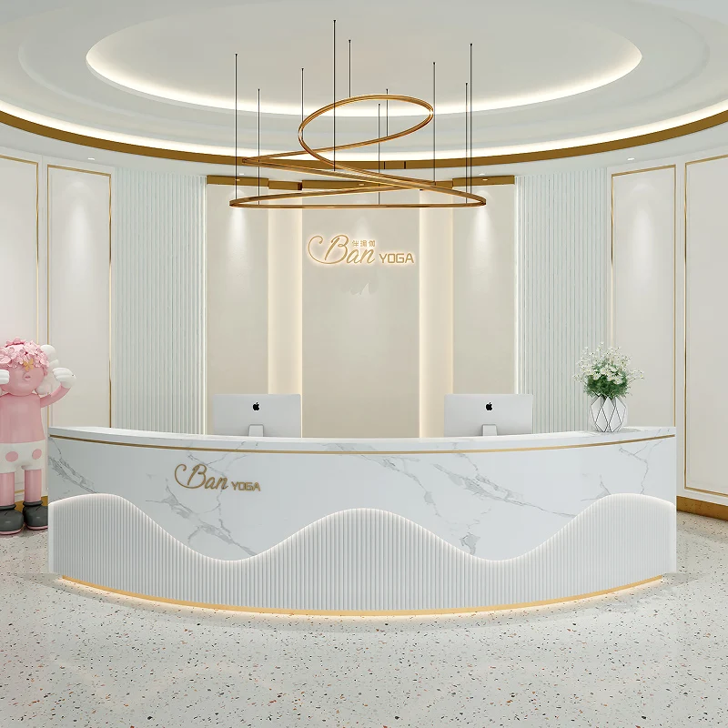 Modern Small Simple Checkstand Cashier Mdf Table Salon Checkout Counter Office Furniture Curved Reception Desk